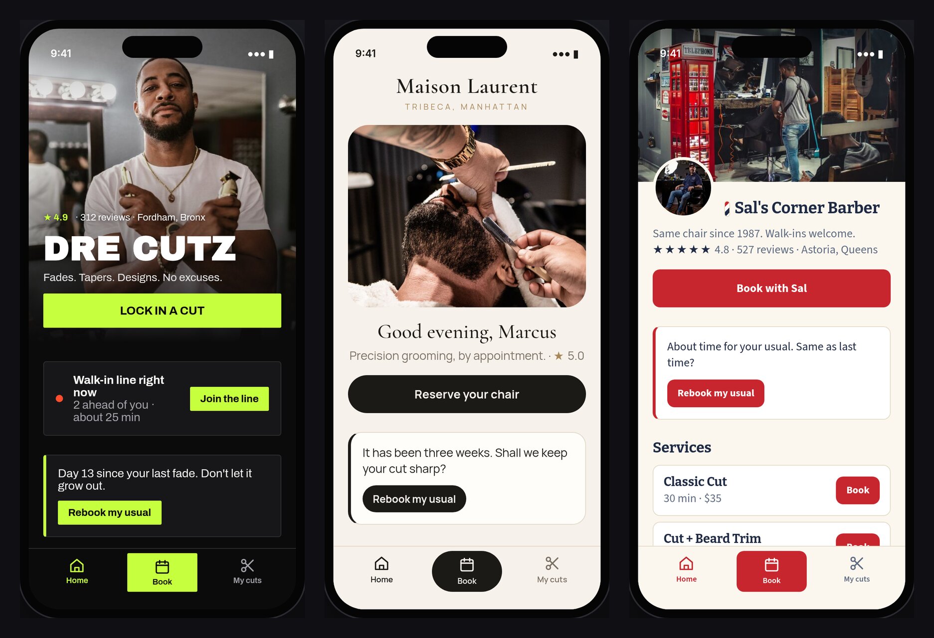 Three barbers' apps built on RunTheChair, each with its own look
